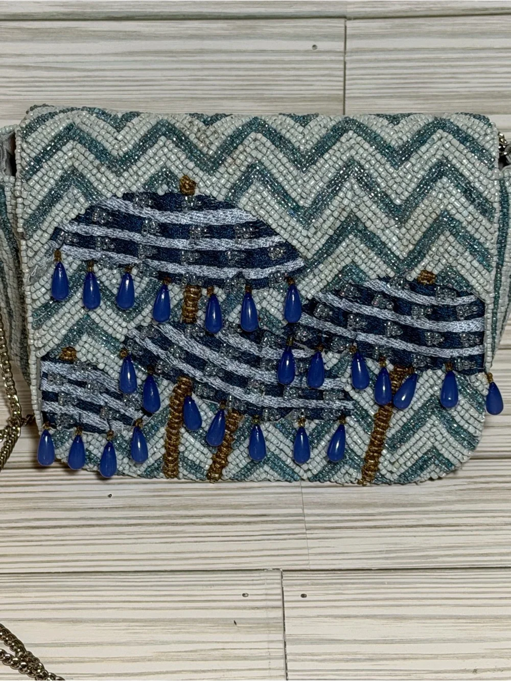 Viral Beaded Umbrella Crossbody Bag Blue Wht Chevron Seed Bead Chain Strap Purse